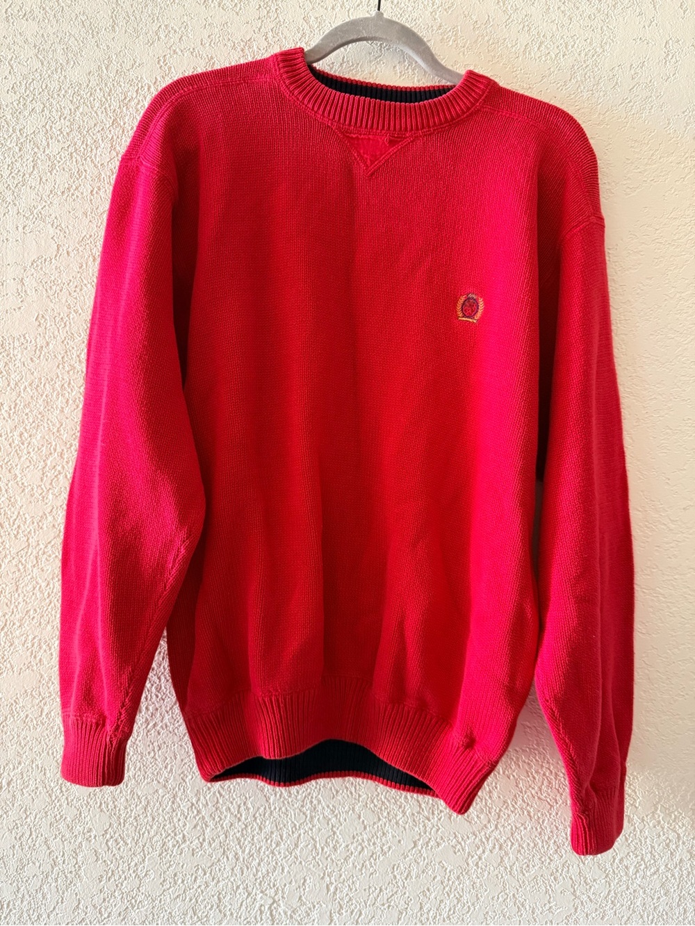 TOMMY HILFIGER Vintage 90s Red Knit Crewneck Embroidered Pullover Sweater Mens M